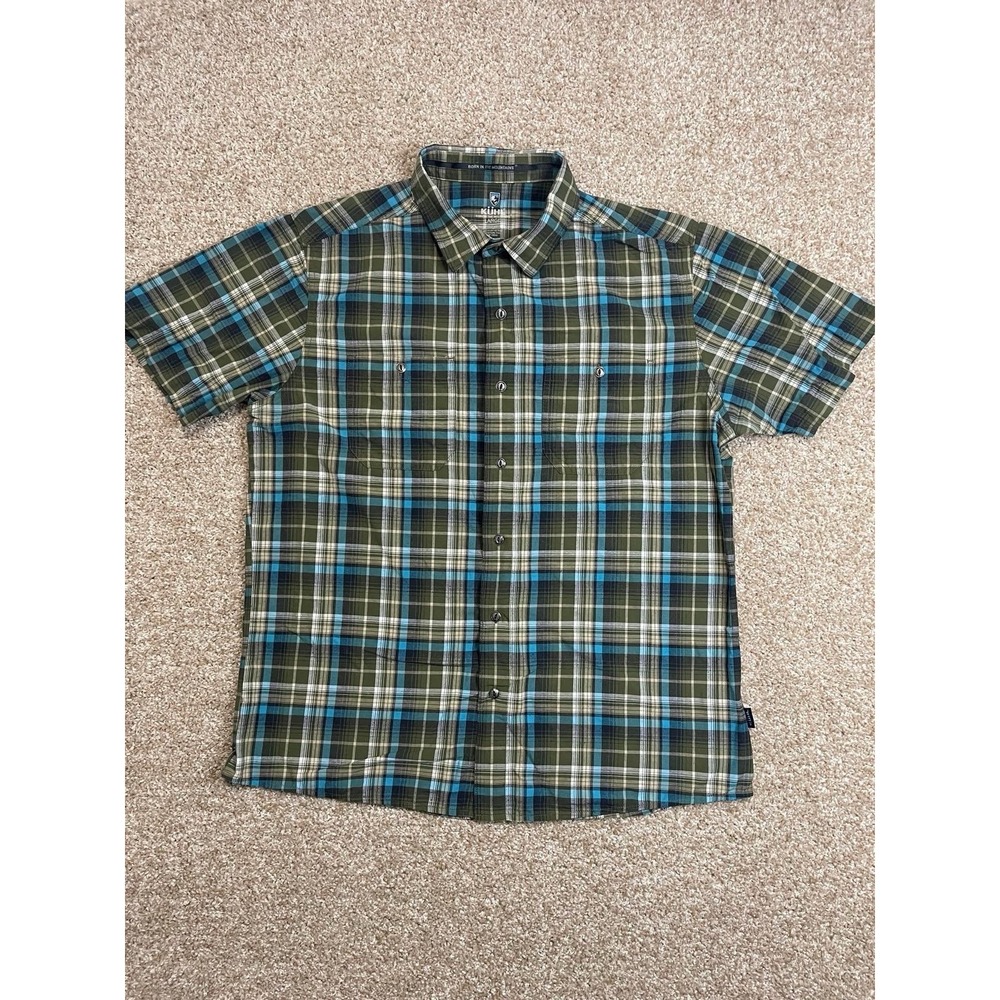 KUHL Shirt Short Sleeve Men Large Green Plaid Button Front No Stains *Pilling